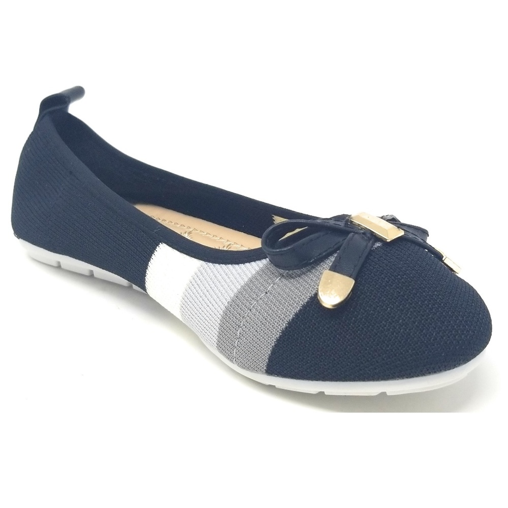 Women's Knit Ballet Flats w. Bow, KT-1802, Black - Picture 2 of 5